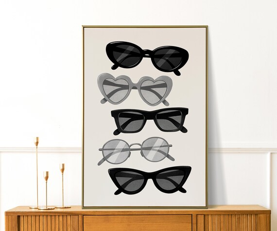 Black White Sunglasses Collection Girly Illustration Wall Art