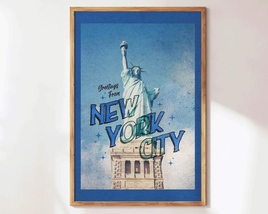 Greetings From New York City Blue Retro Statue of Liberty Poster