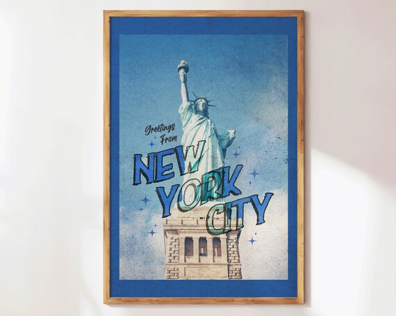 Greetings From New York City Blue Retro Statue of Liberty Poster