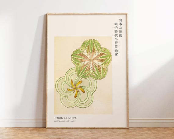 Japanese Green Flower Print By Korin Furuya Large Abstract Wall Art Painting For Living Room Office Decor Japandi And Wabi Sabi