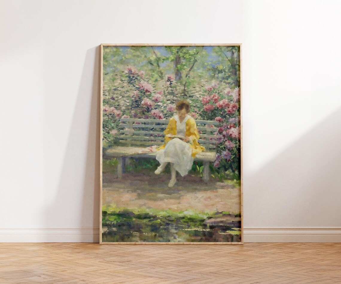 Woman Reading in a Blooming Spring Garden Impressionist Art Poster