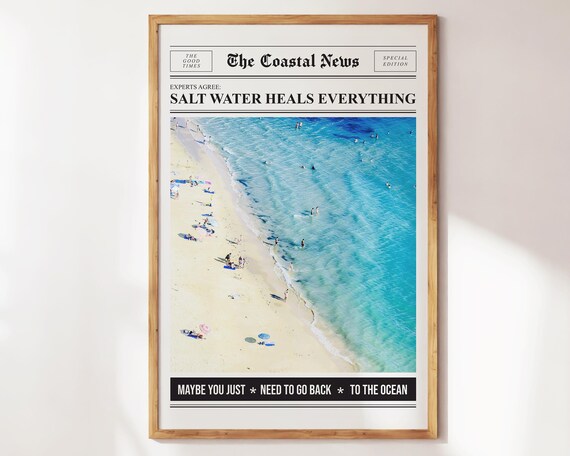 Salt Water Heals Everything Retro Newspaperstyle Beach Print For Surfers And Lovers Trendy Wall Art Surf