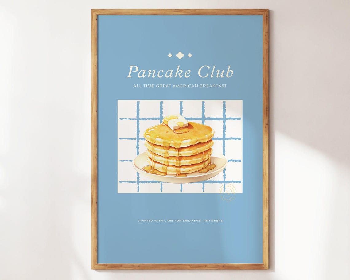 Pancake Club Retro American Breakfast Stack Blue Kitchen Poster