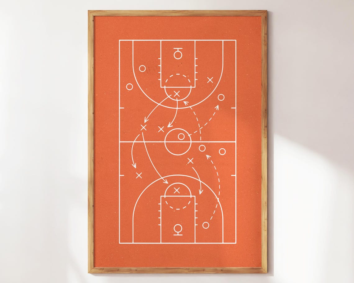 Basketball Court Play Diagram Tactics Orange Style Sports Poster