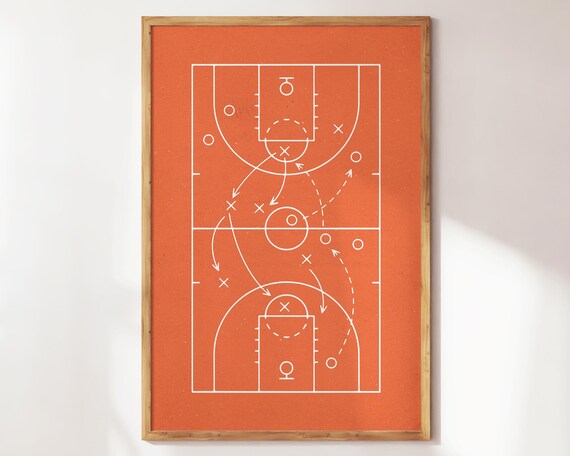 Basketball Court Play Diagram Tactics Orange Style Sports Poster