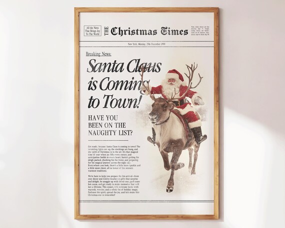 Santa Claus Is Coming To Town Retro Christmas Newspaper Style Poster