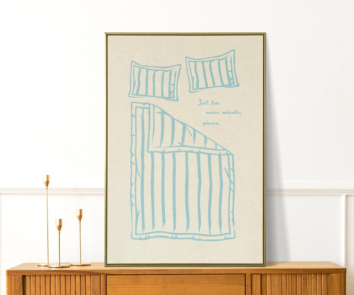 Just Five More Minutes Funny Bed Quote Bedroom Line Art Poster