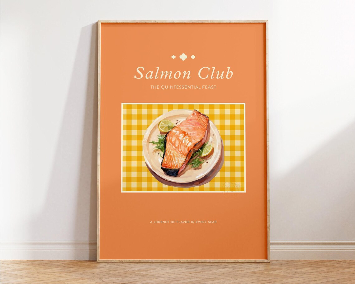 Salmon Club Retro Kitchen Food Quote Mid Century Orange Poster