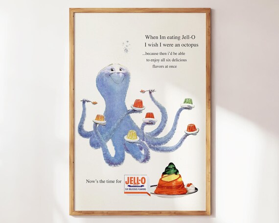 Retro Jello Advertisement Bar Cart Print Living Room Decor Vintage Classic 80s And Purple Octopus