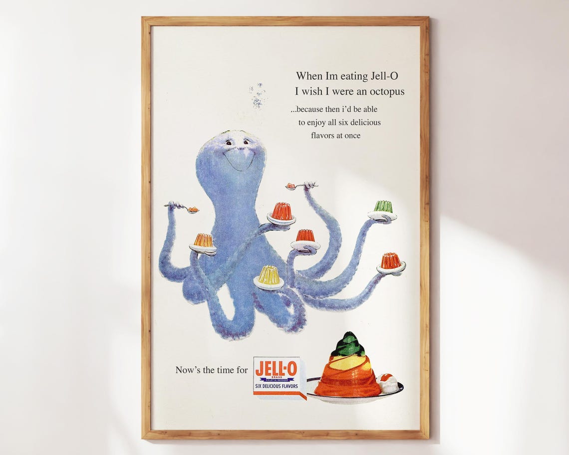 Vintage Jell-O Octopus Ad Six Flavors Retro Kitchen Wall Art