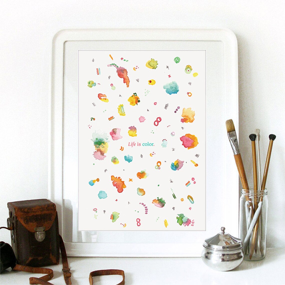 Life Is Color Rainbow Watercolor Splashes Abstract Quote Poster - Image 2