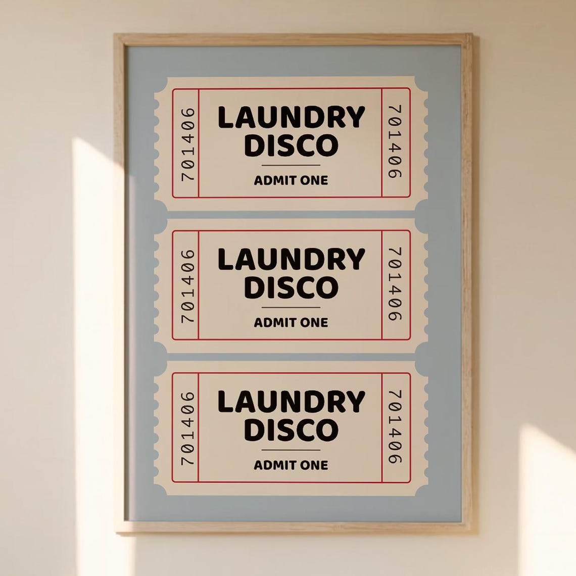 Laundry Disco Admit One Retro Ticket Stub Blue Gray Laundry Wall Art