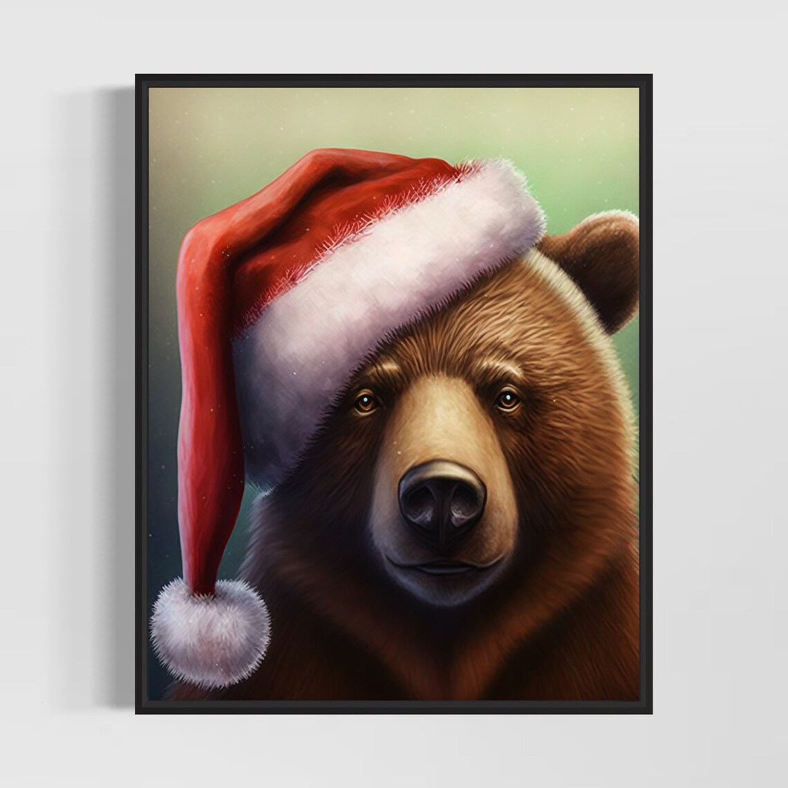 Brown Bear Wearing a Santa Hat Christmas Watercolor Wildlife Poster