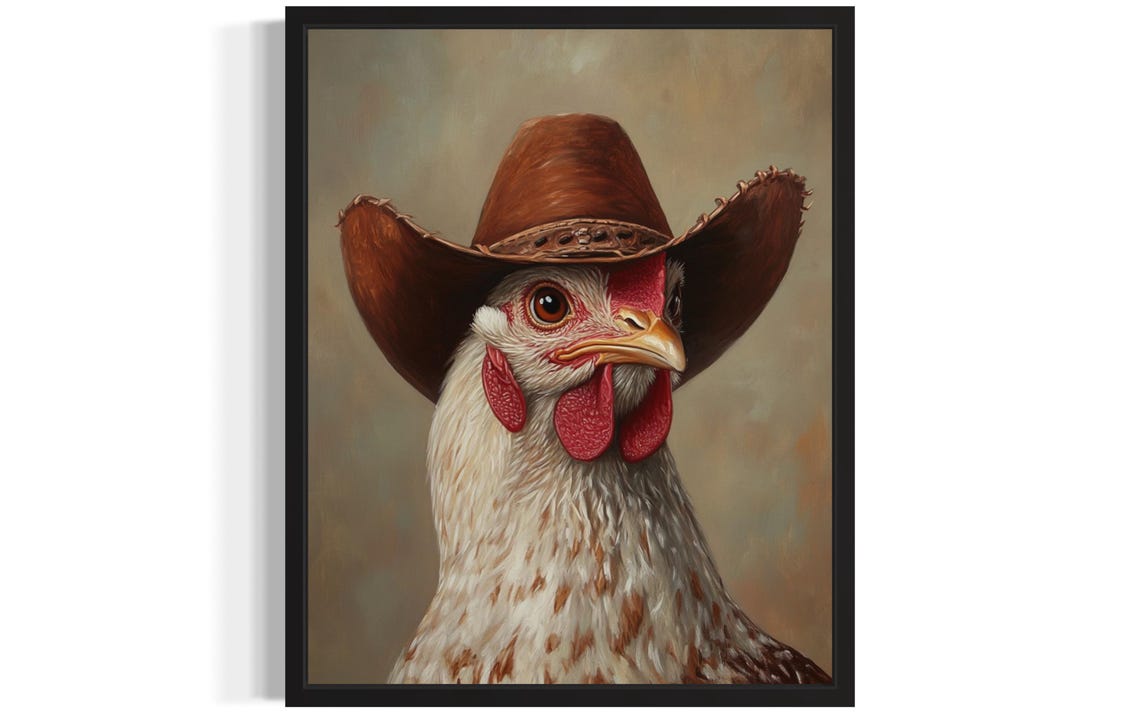 Speckled Chicken in Cowboy Hat Funny Western Farm Bird Portrait Poster