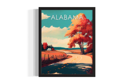 Alabama Autumn Country Road Red Trees Vintage Travel Scenery Poster