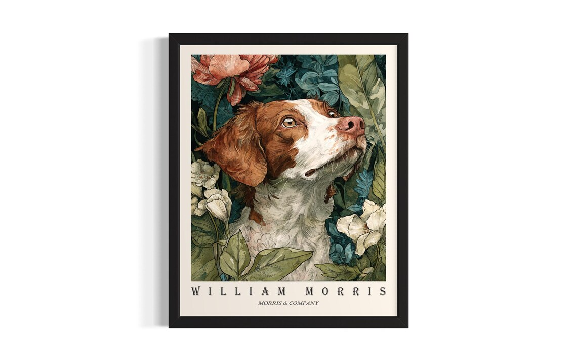 Brittany Spaniel William Morris Style Floral Dog Portrait Poster