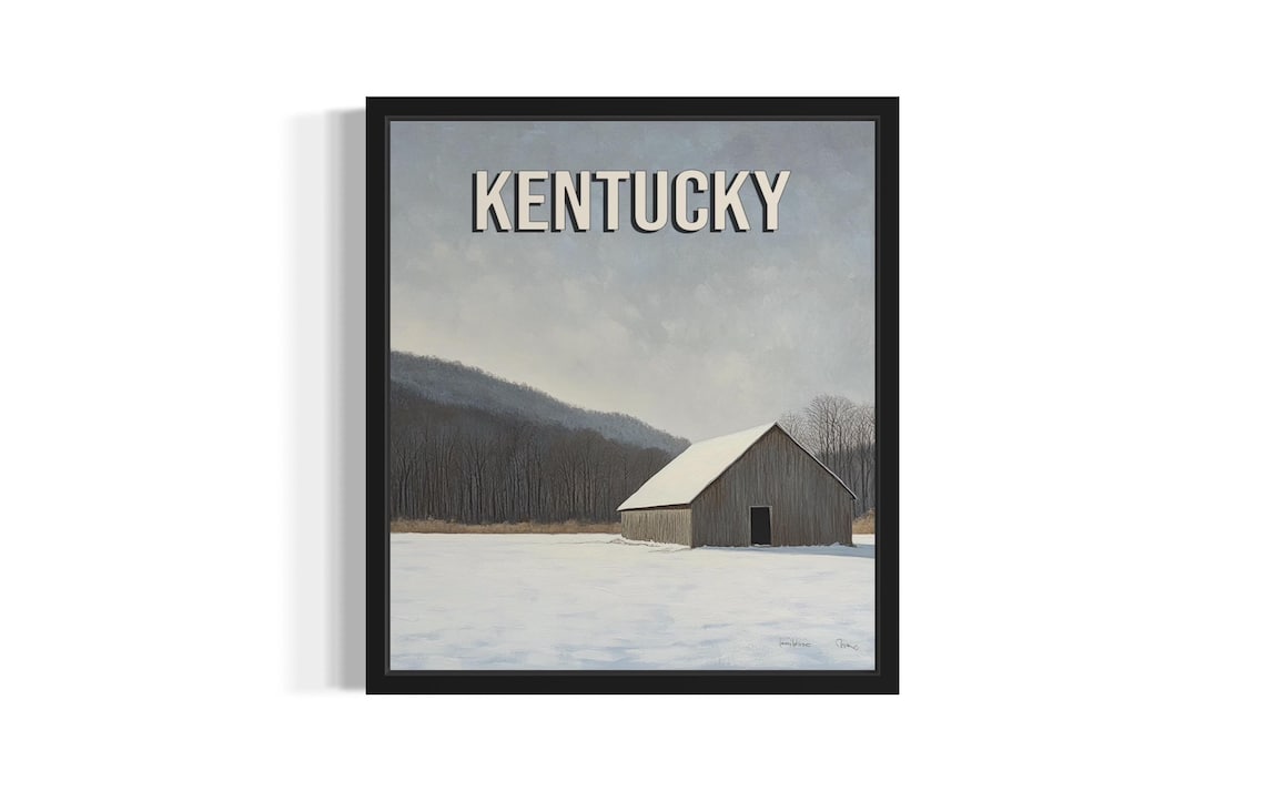 Kentucky Winter Barn Snow Covered Farm Landscape Serene Poster Art