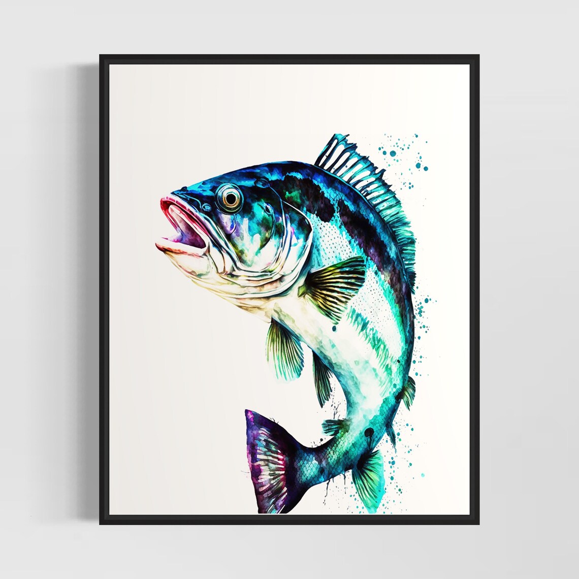 Bass Fish In Bold Teal Watercolor Sport Fishing Scene Art Poster
