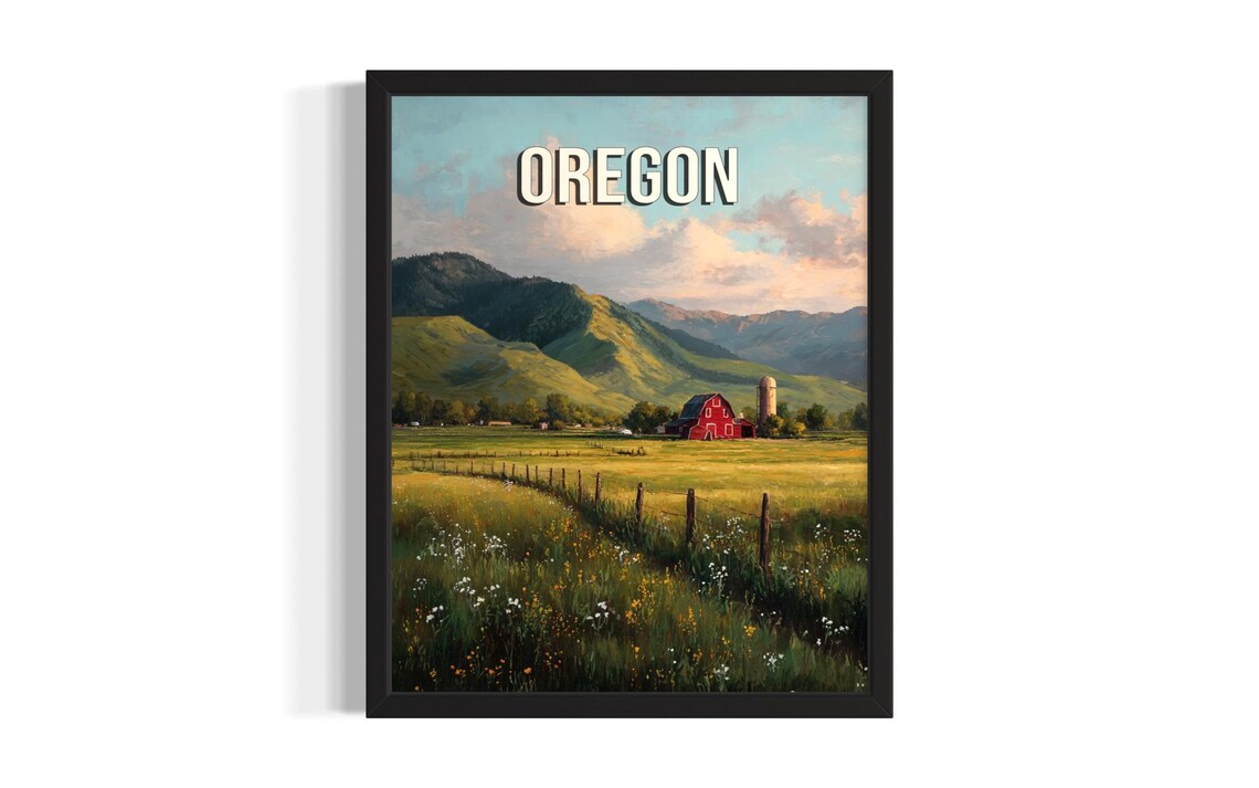 Oregon Red Barn Farm Green Valley Wildflower Meadow Fence Poster