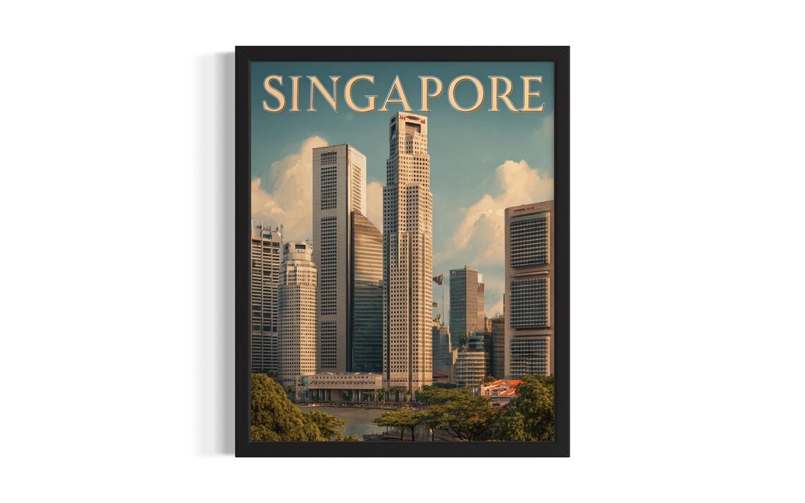 Singapore Downtown Skyline Skyscrapers City Travel Vintage Poster