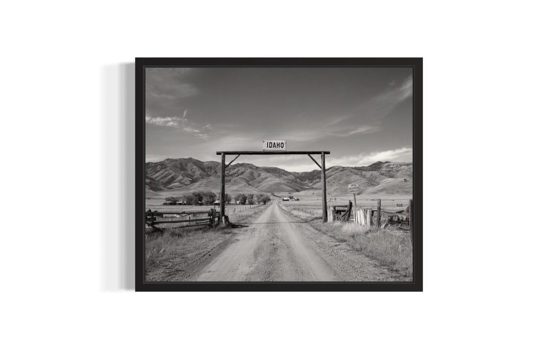 Idaho Ranch Gate Dirt Road Mountains Black and White Photo Wall Art