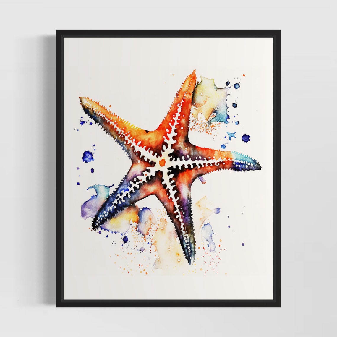 Bright Orange Starfish in Watercolor Ocean Splash Art Poster