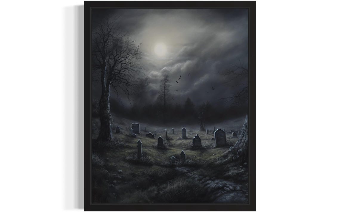Moonlit Graveyard With Tombstones And Crows Night Painting Poster