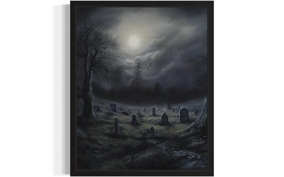 Moonlit Graveyard With Tombstones And Crows Night Painting Poster