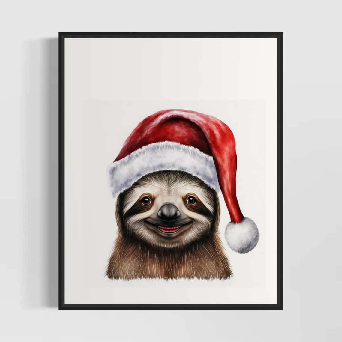 Sleepy Sloth Wearing a Santa Hat Christmas Watercolor Poster Artwork