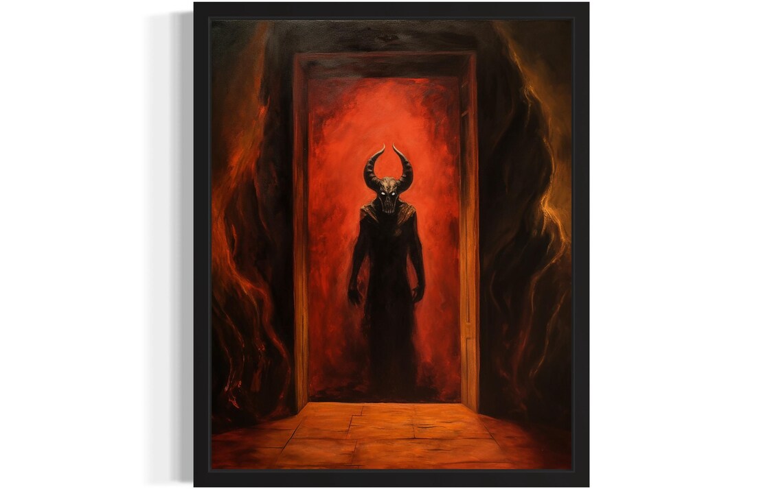 Horned Demon Standing In A Fiery Red Doorway Dark Art Poster
