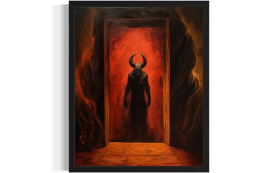 Horned Demon Standing In A Fiery Red Doorway Dark Art Poster