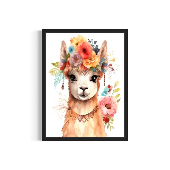 Sweet Llama Wearing a Pretty Pastel Flower Crown Watercolor Poster