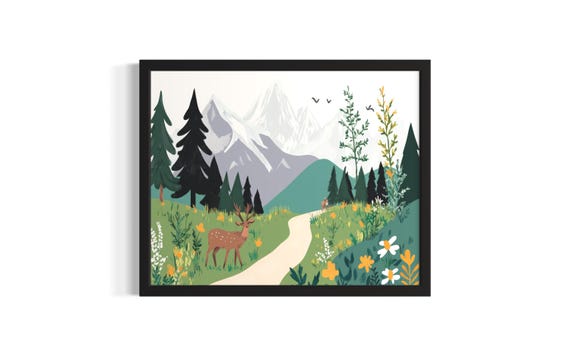 Mountain And Wildlife Children Nursery Poster Art Print Living Room Wall Original Painting Artwork Decor