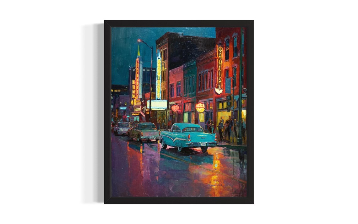 Tennessee Nashville 1950s Neon Street Night Oil Painting Poster