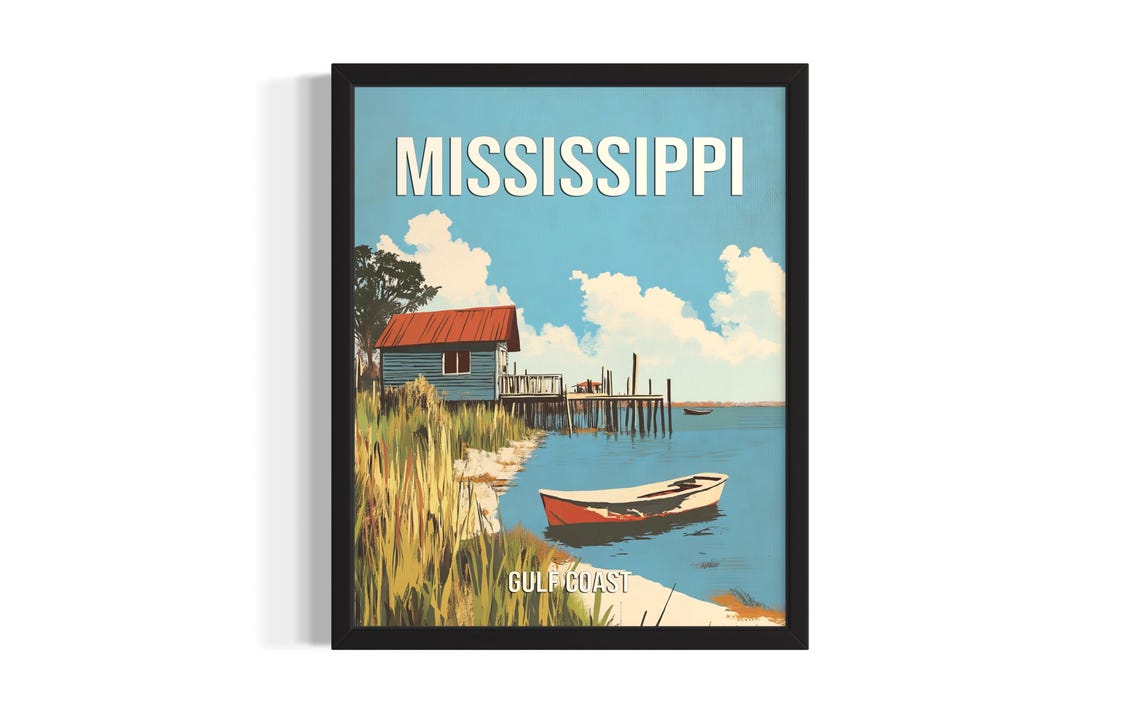Mississippi Gulf Coast Blue Fishing Cabin Waterfront Travel Poster