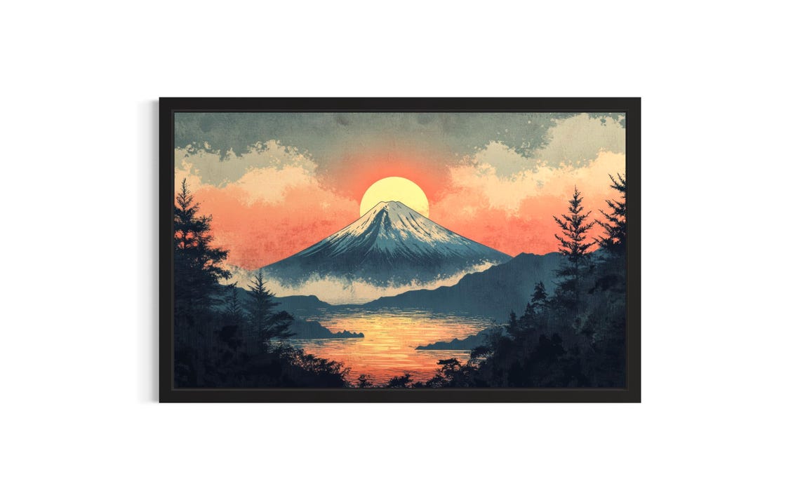 Mount Fuji at Sunset With Lake Reflection Vintage Art Poster