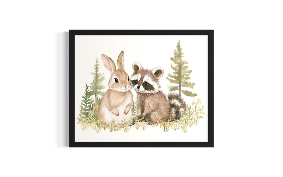 Cute Rabbit and Baby Raccoon in a Pine Forest Watercolor Poster