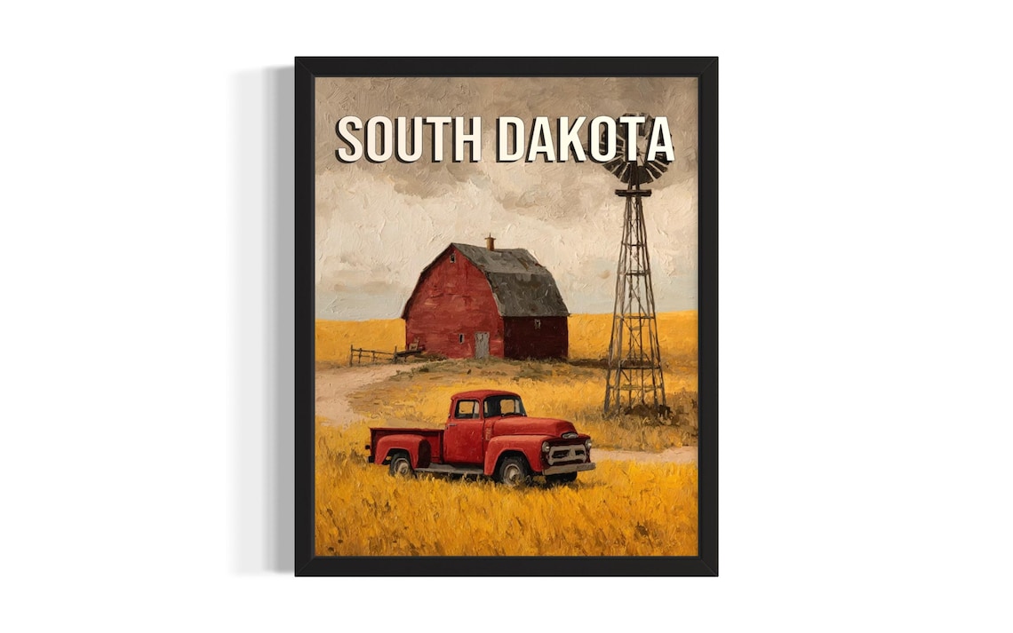 South Dakota Farmland Red Barn Vintage Truck Windmill Poster