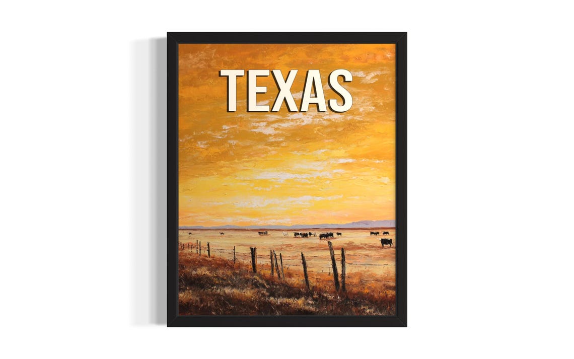Texas Ranch At Sunset Cattle Grazing Golden Plains Art Poster