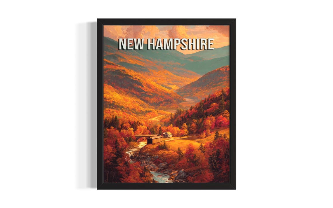 New Hampshire Autumn Mountain Valley Covered Bridge Scenic Poster