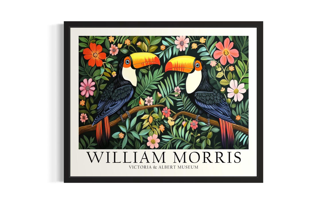 William Morris Toucans Tropical Floral Colorful Pair Art Poster