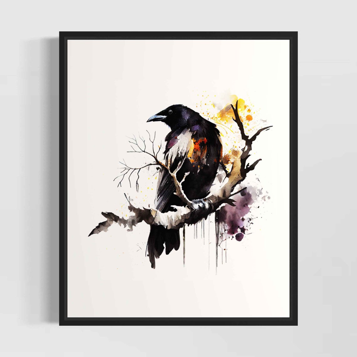 Black Crow Watercolor Perched On Bare Branch Bird Art Poster