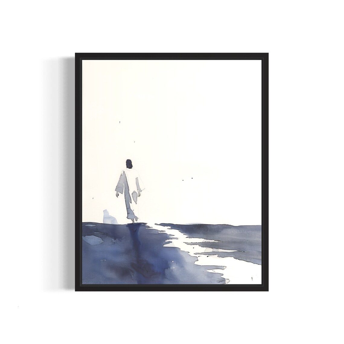 Striking Jesus Walking on the Waves in Blue Watercolor Poster