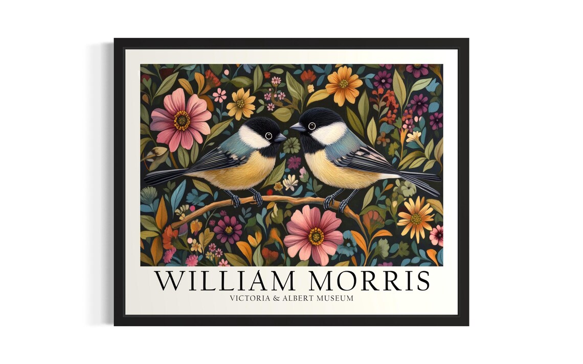 William Morris Coal Tit Pair On Blossoming Branch Garden Art Poster