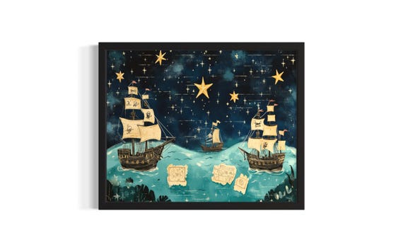 Pirates And Treasures Children Nursery Poster Art Print Living Room Wall Original Painting Artwork Decor