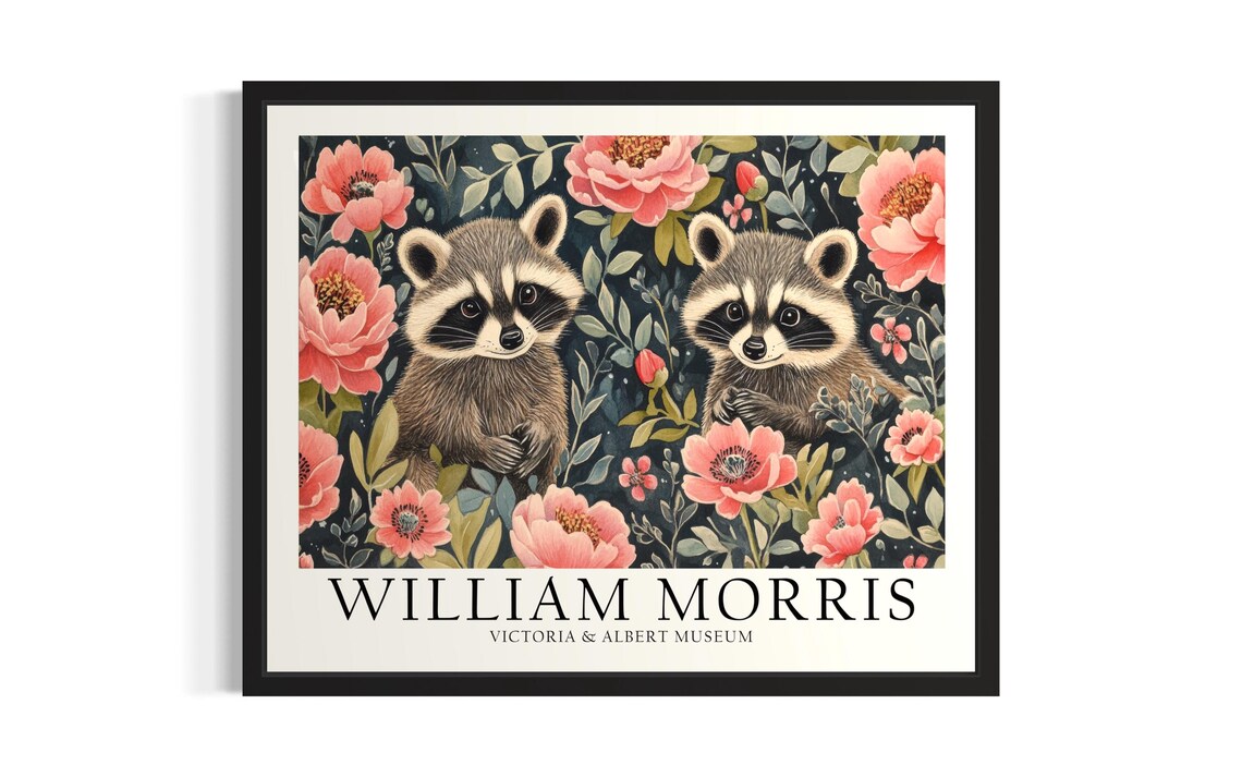 William Morris Raccoon Pair In Pink Peony Garden Vintage Art Poster