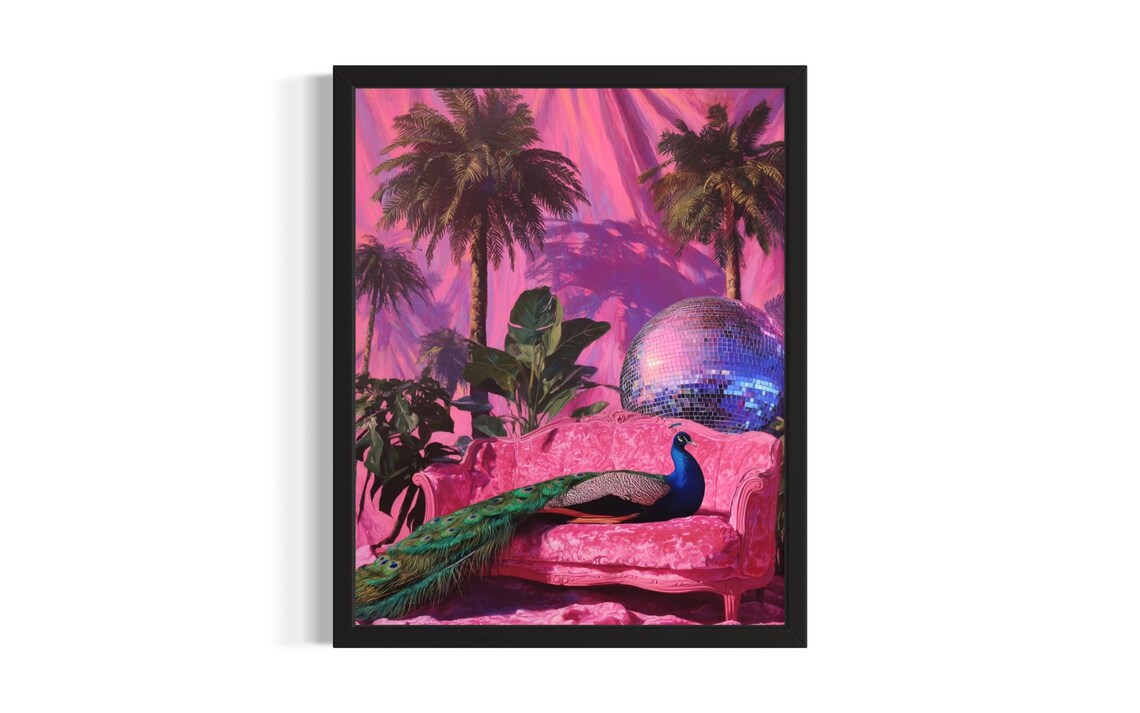 Peacock Lounging on Pink Velvet Sofa with Disco Ball Party Poster