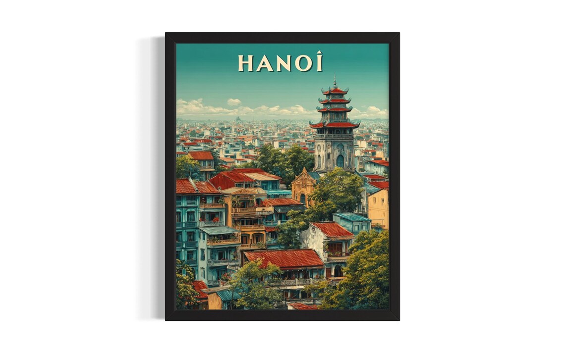 Hanoi Old Quarter Pagoda Tower Vietnam City Travel Vintage Poster