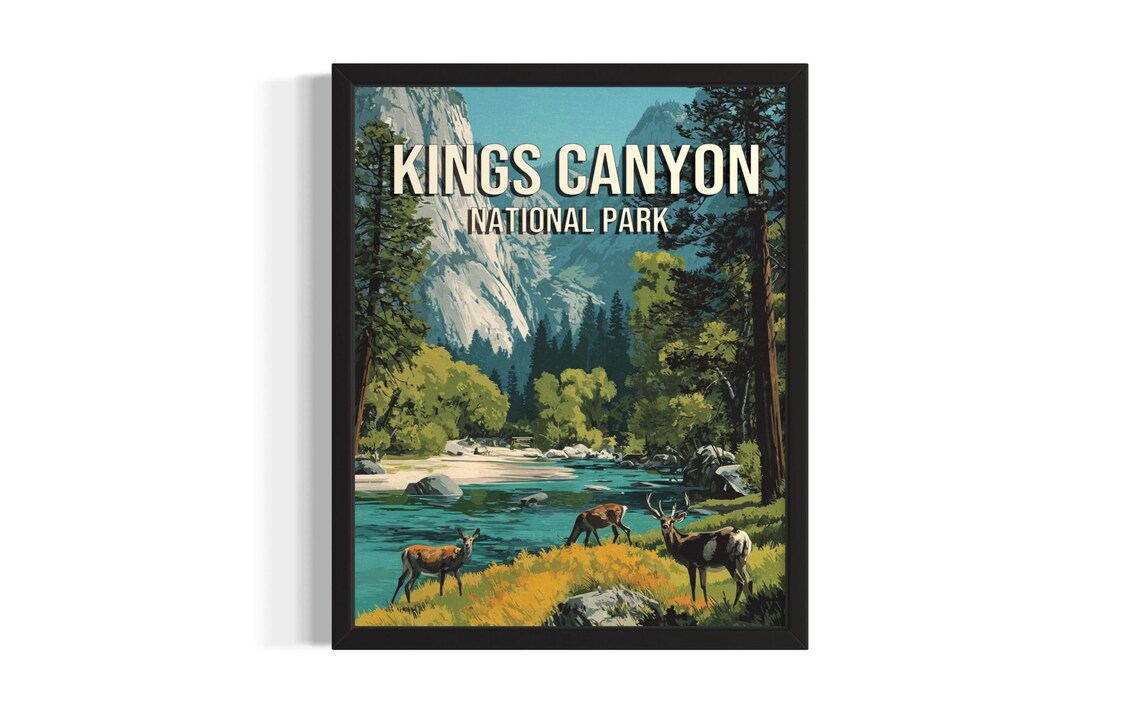 Kings Canyon National Park River Valley and Deer Vintage Travel Poster