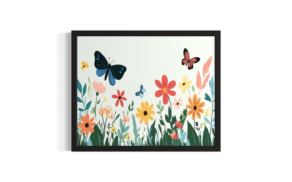 Butterflies and Wildflowers Spring Meadow Illustration Poster